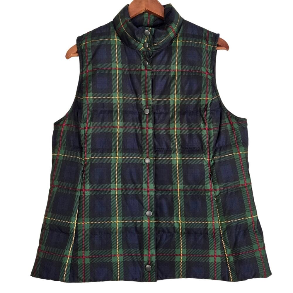 Preppy Ivy League J. Jill Cabincore Plaid Down Vest Festive Luxury Holiday M